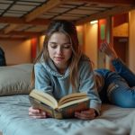 Jeune femme détendue lisant un guide de voyage dans une auberge