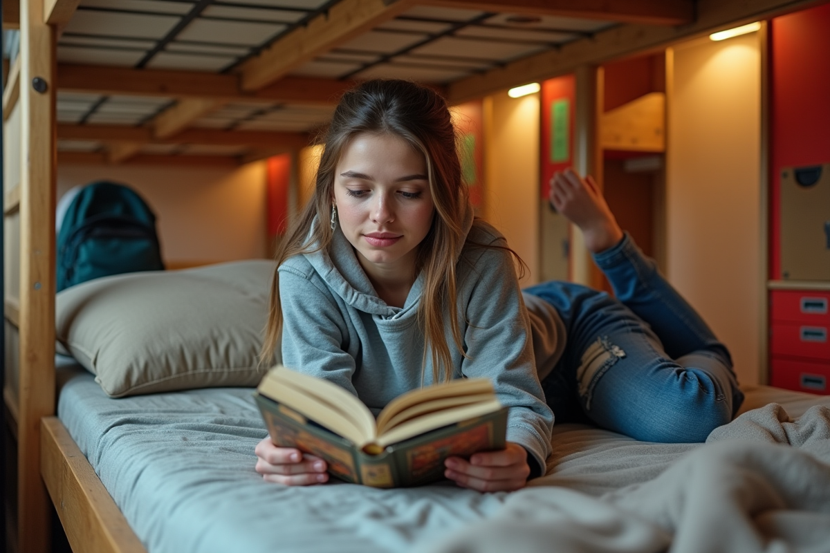 Jeune femme détendue lisant un guide de voyage dans une auberge