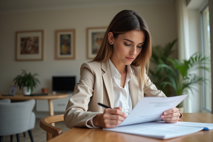 Jeune femme professionnelle en blazer dans un appartement français