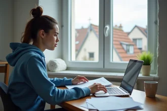 Jeune femme étudiant ses documents dans un appartement