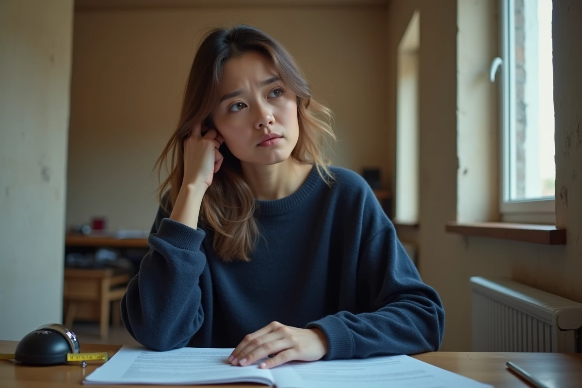 Locataire examinant un contrat de bail dans une chambre de petite superficie avec mètre ruban sur le bureau