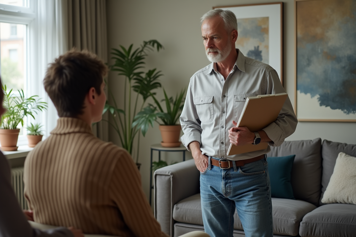 Proprietaire parle avec un couple dans un salon bien decoré