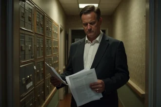 Propriétaire sérieux examinant des papiers dans un couloir d'appartement