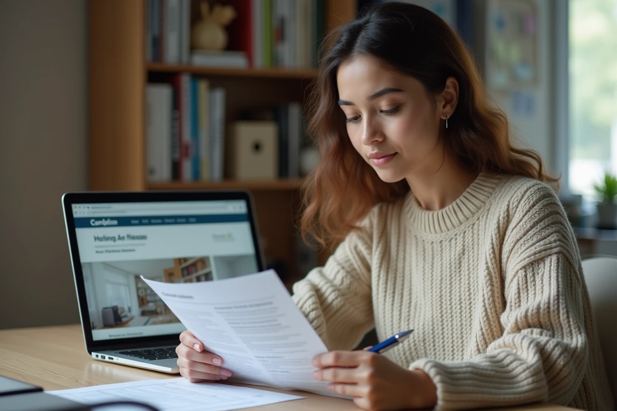 Une jeune femme locataire examine attentivement les clauses de son bail de colocation avant de signer