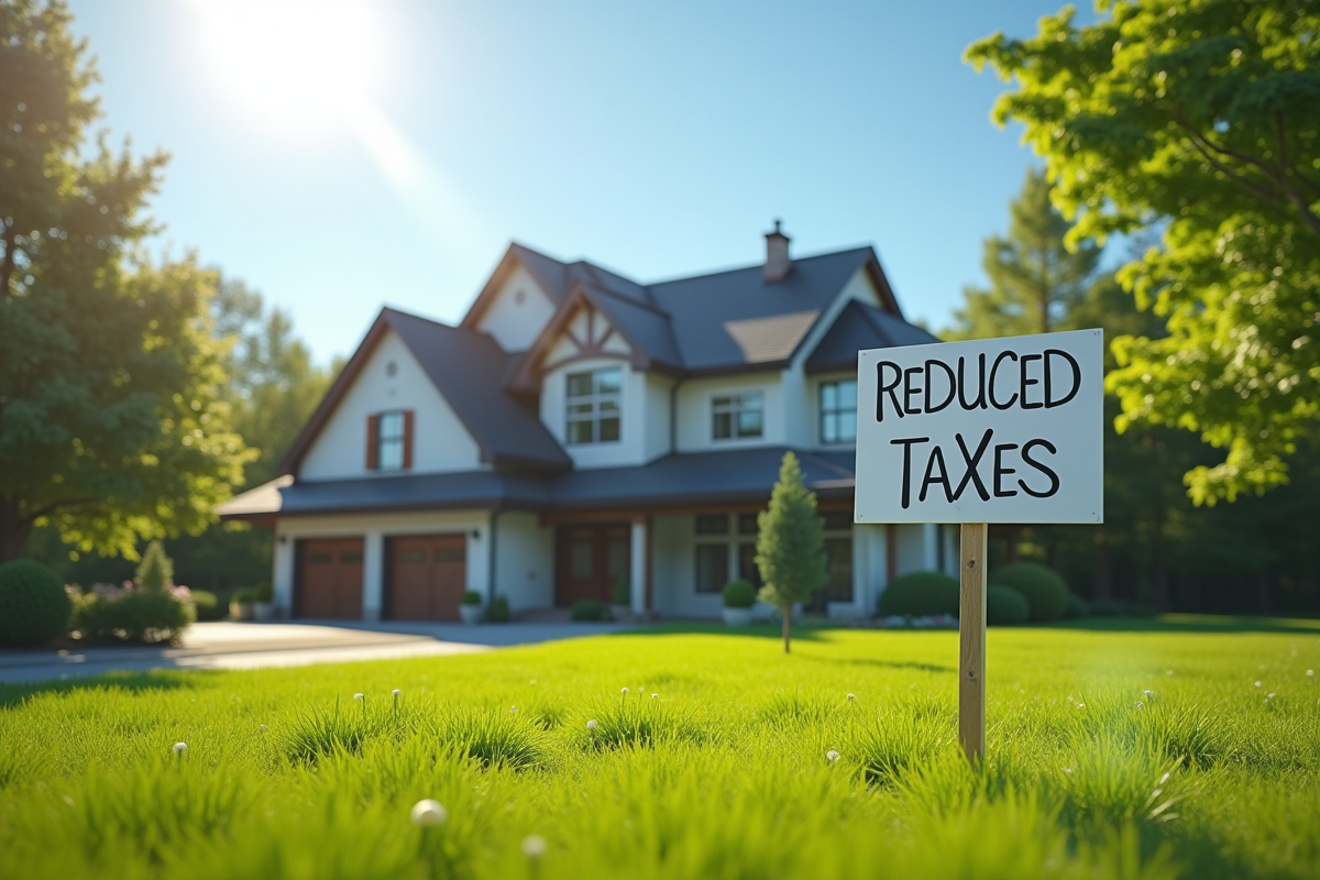Maison moderne avec jardin et panneau reduction taxes en été