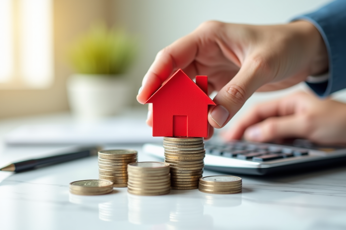 Main posant une maison miniature sur des pièces de monnaie