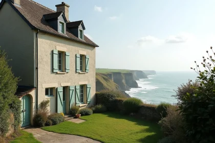Maison normande en pierre à vendre sur les falaises avec vue panoramique sur la Manche