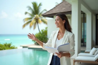 Agent immobilière thaïlandaise présentant une villa en vente au bord de la mer avec vue sur l'Andaman en Thaïlande
