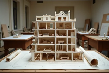 Maquette en coupe d'un immeuble haussmannien posée sur une table d'architecte dans un studio parisien, révélant les étages et la structure intérieure