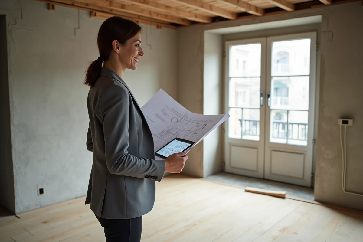 Marchand de biens féminin consultant des documents financiers dans un appartement en rénovation, représentant la rentabilité des opérations immobilières