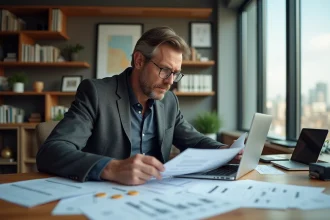 Marchand de biens analysant des documents fiscaux et financiers dans un bureau professionnel