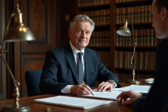 Notaire en consultation dans son étude, assis derrière un bureau en bois avec des documents juridiques, écoutant attentivement un client