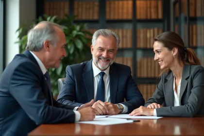 Notaire en costume discutant avec un couple dans un bureau moderne