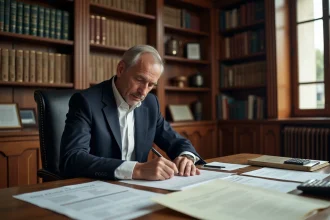 Notaire examinant des actes de vente immobilière dans son étude parisienne, illustrant les frais notariaux pour marchands de biens