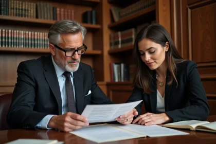 Notaire en costume examine un contrat dans un bureau élégant