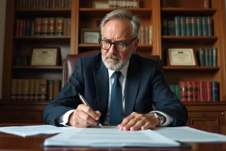 Notaire examinant attentivement des diagnostics immobiliers dans son bureau professionnel