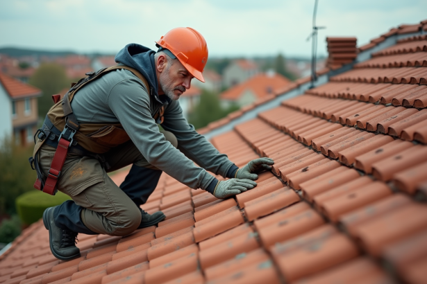 Ouvrier couvreur posant des tuiles en terre cuite sur un toit en pente