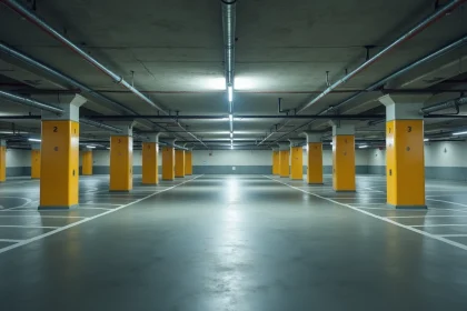 Vue grand angle d'un parking souterrain avec emplacements délimités par des lignes blanches peintes sur béton gris