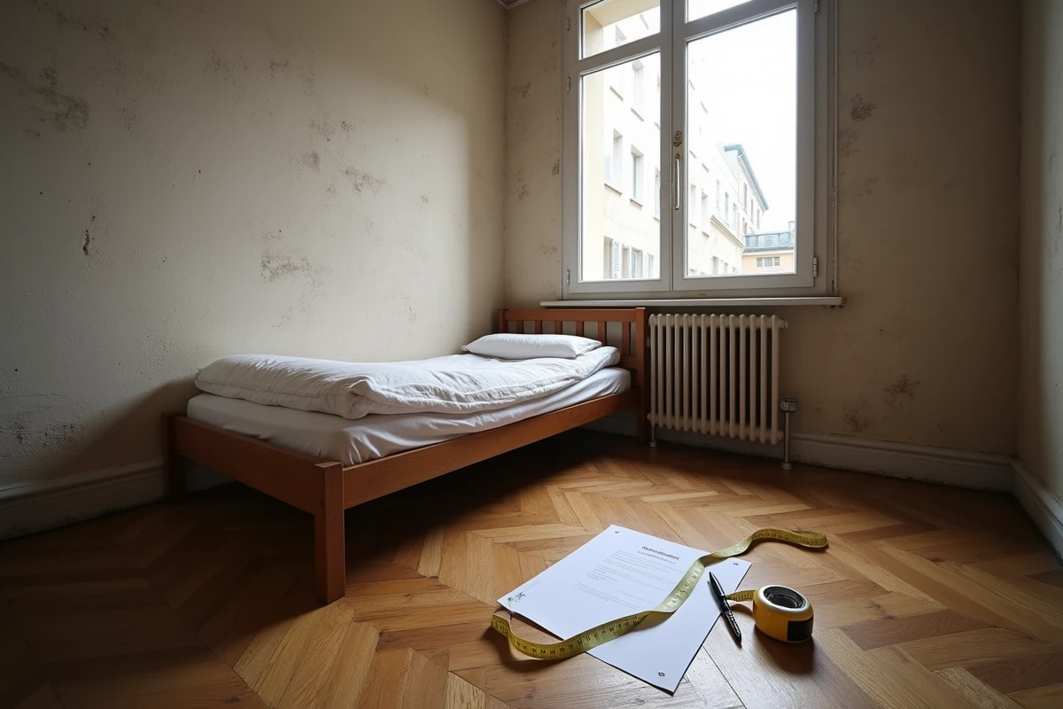 Vue grand angle d'une petite chambre de location parisienne avec mètre ruban au sol et document réglementaire