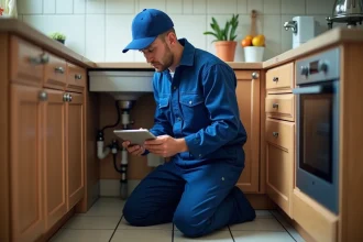 Plombier homme examine une fuite d'eau sous un évier moderne