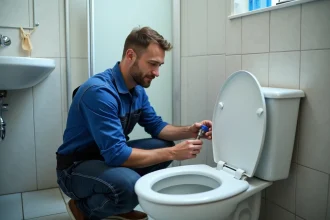 Plombier inspectant un mécanisme de chasse d'eau dans une salle de bain moderne