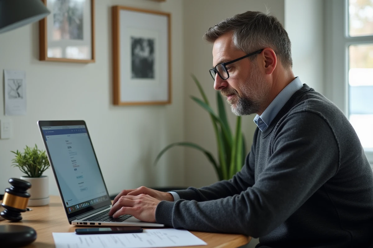 Homme prenant rendez-vous avec un notaire en ligne depuis son bureau à domicile, avec un ordinateur portable et des documents imprimés