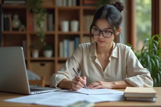Propriétaire débutante étudiant les démarches administratives pour le classement meublé tourisme à son bureau à domicile