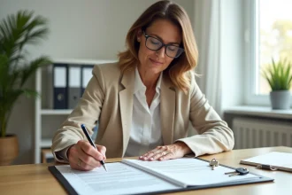 Propriétaire LMNP vérifiant une liste de mobilier pour location meublée sur un bureau en bois avec des documents d'inventaire imprimés