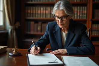 Femme d'affaires relisant attentivement un contrat chez un notaire à Limoges avant la signature définitive
