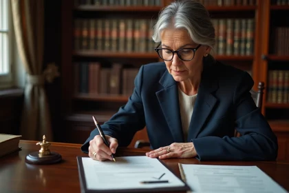 Femme d'affaires relisant attentivement un contrat chez un notaire à Limoges avant la signature définitive