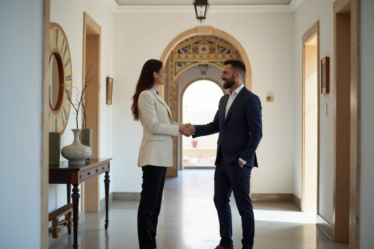 Agente immobilière remettant les clés d'un appartement vendu à Guéliz à Marrakech à un acheteur