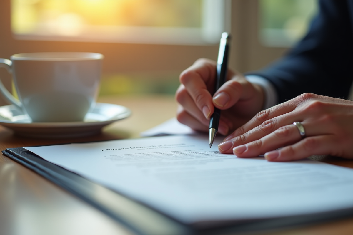 Mains signant un contrat avec une tasse de café à côté