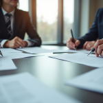 Deux personnes signent des contrats immobiliers en réunion