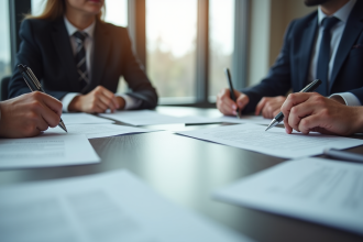 Deux personnes signent des contrats immobiliers en réunion