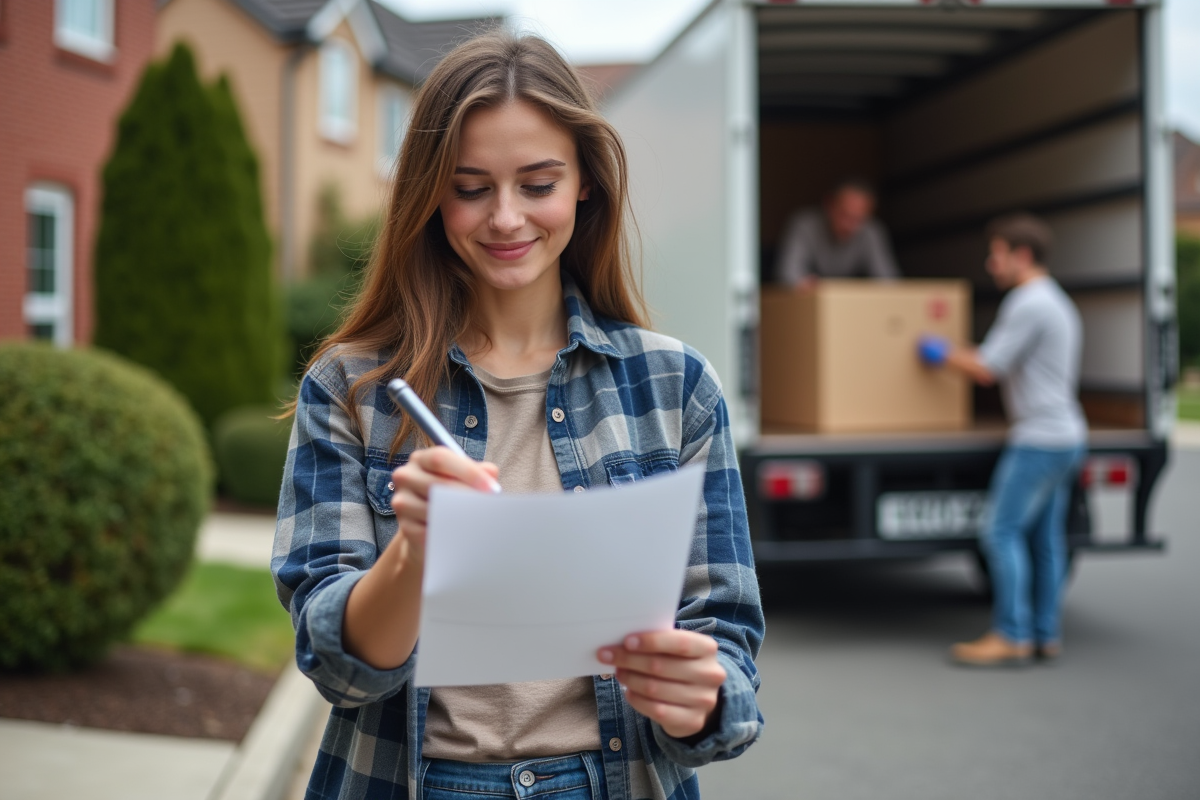 Jeune femme signant un bon de livraison devant un camion de déménagement