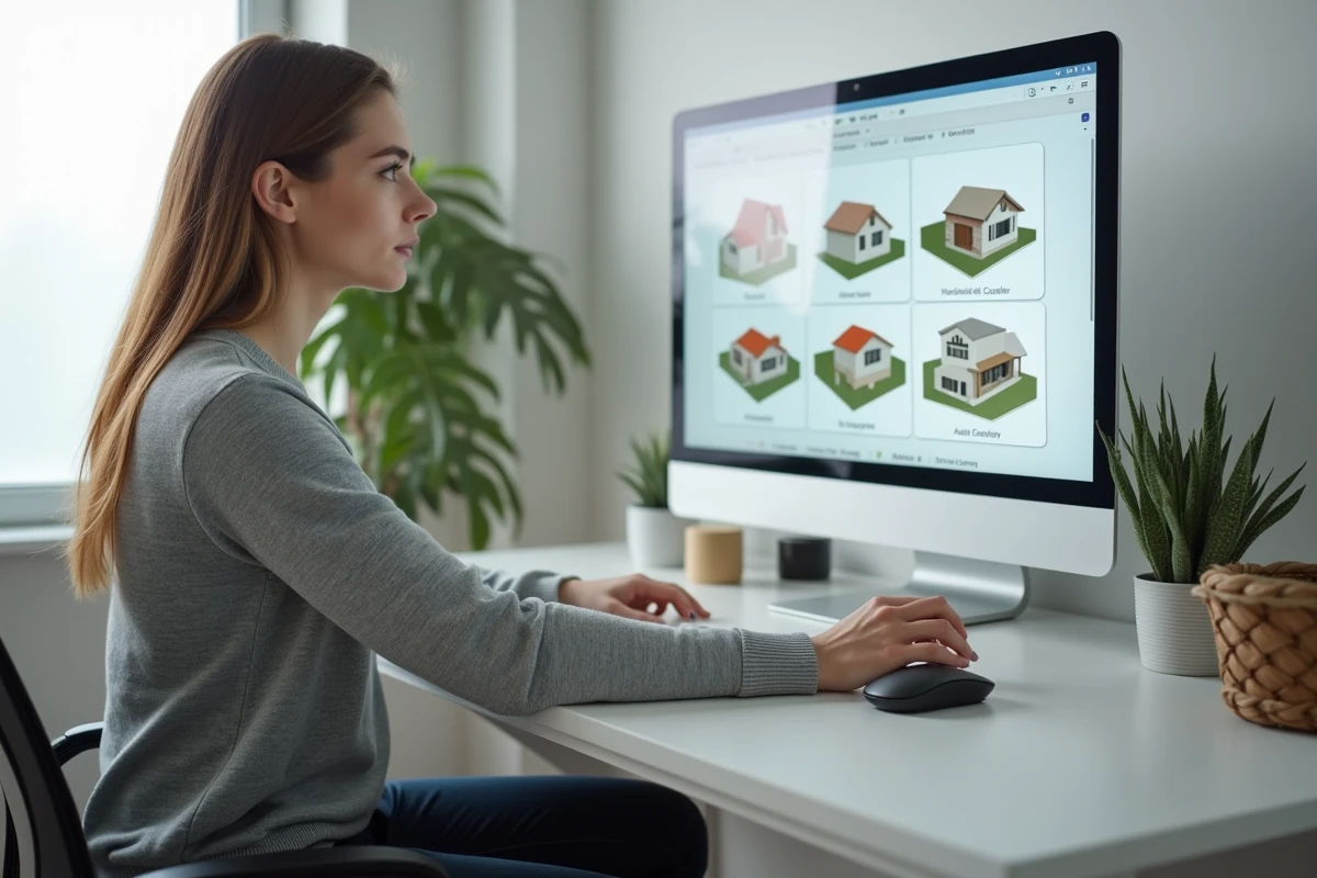Femme utilisant un simulateur en ligne pour comparer des scénarios d'emprise au sol de plan de maison sur ordinateur
