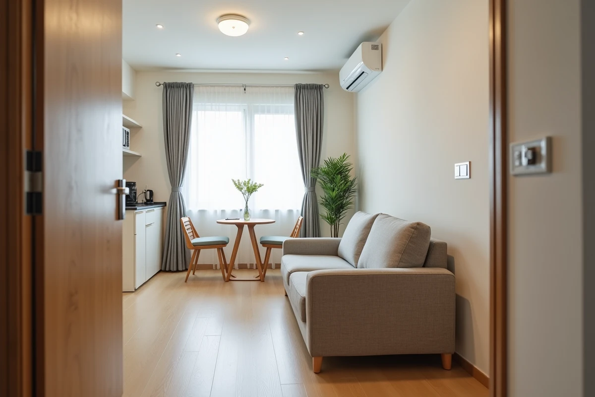 Intérieur d'un studio meublé conforme LMNP avec mobilier inventorié visible depuis l'entrée