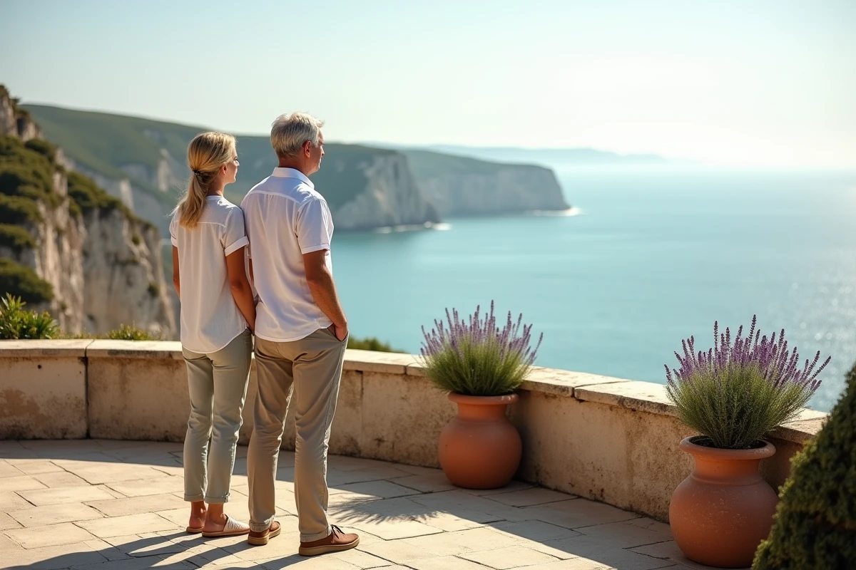 Couple admirant la vue panoramique sur la mer depuis la terrasse d'une maison normande à vendre