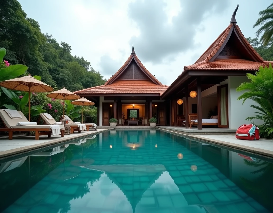 Vue extérieure d'une villa privée de luxe en Thaïlande avec piscine à débordement et architecture traditionnelle Lanna pour un séjour en famille