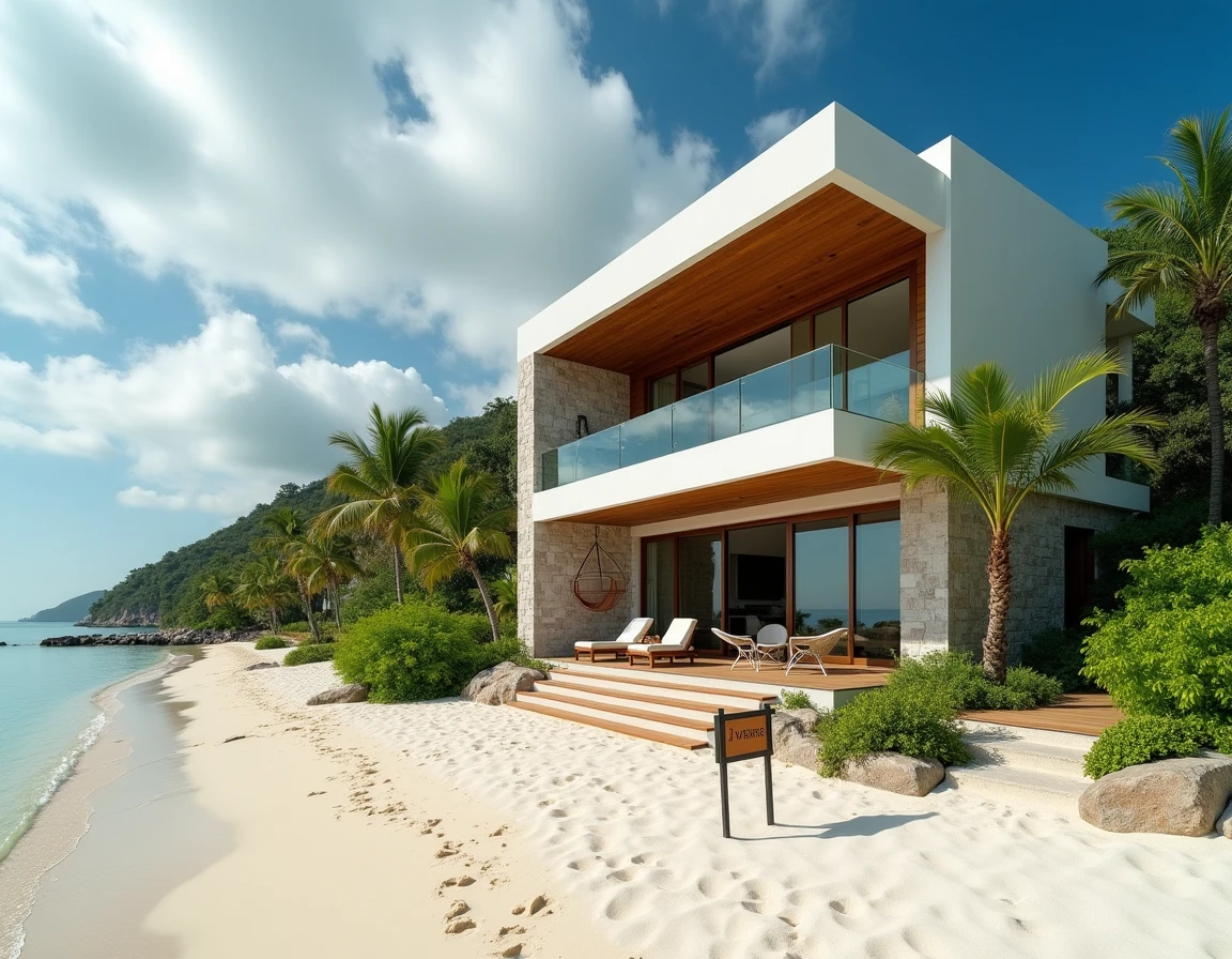 Villa contemporaine à vendre en bord de mer en Thaïlande vue depuis la plage avec panneau de vente immobilière