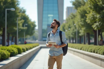 Homme regardant l'entrée de la tour Almas avec guide